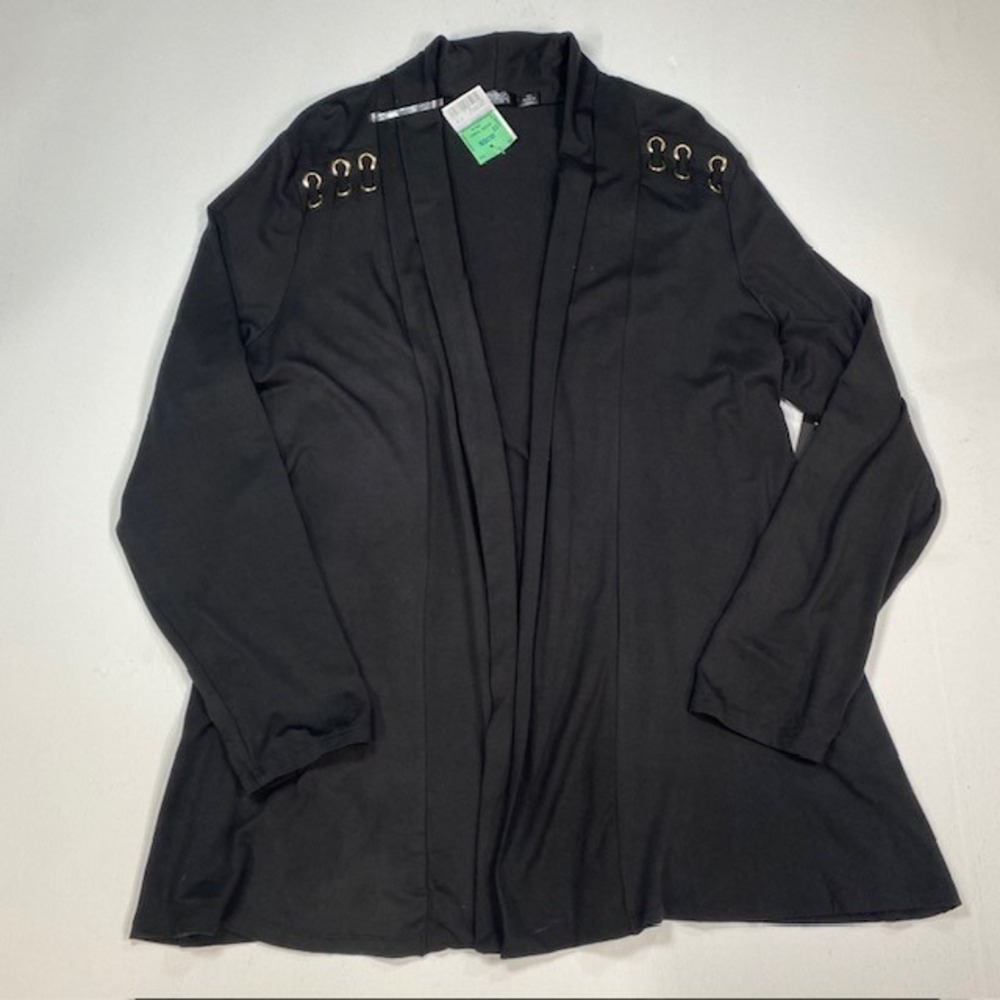 CURE. Womens 2XL Black Open Front Cardigan Gold‎ Grommet Lace Up Shoulder NWT